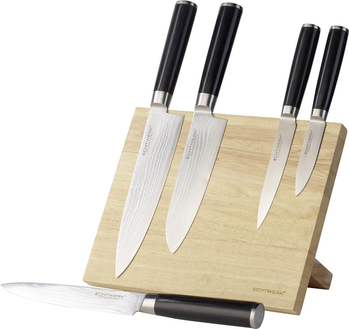 Echtwerk Damastmesser Set 5tlg. inkl. Magnet- Messerblock aus Holz , Silber, 22 x 13 x 36 cm Griff -