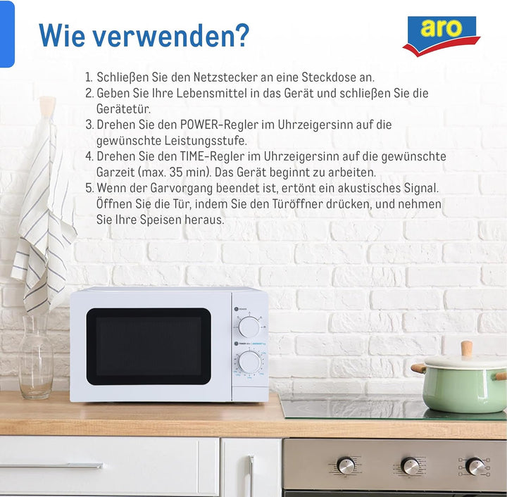 aro Mikrowelle MW10720, Stahl-SPCC, 43.9 x 33.4 x 25.8 cm, 20 L, 700 W, 5 Programme, Timerfunktion,