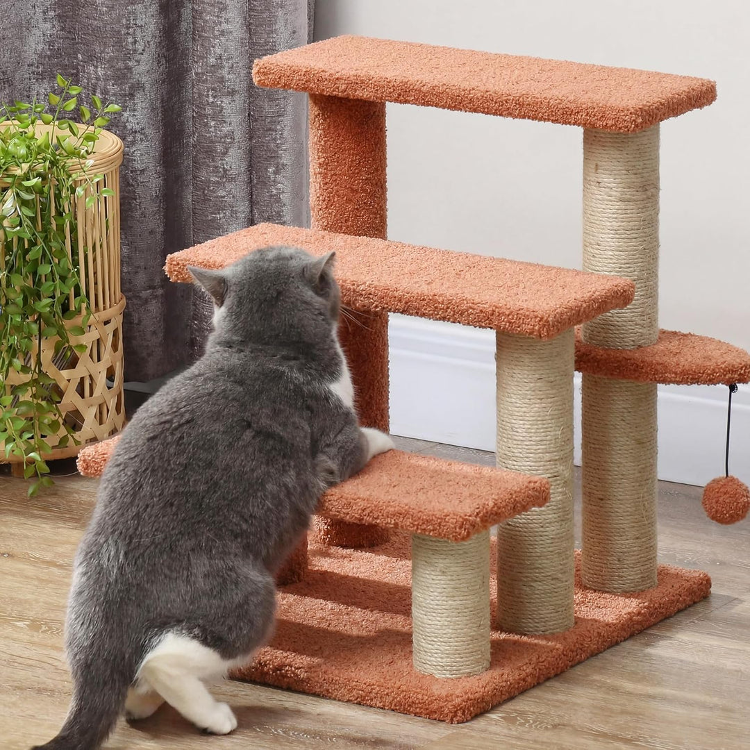 PawHut Katzentreppe 3 Stufen Tiertreppe Treppe für Katze mit Kratzsäulen Ball Haustiertreppe Hundetr