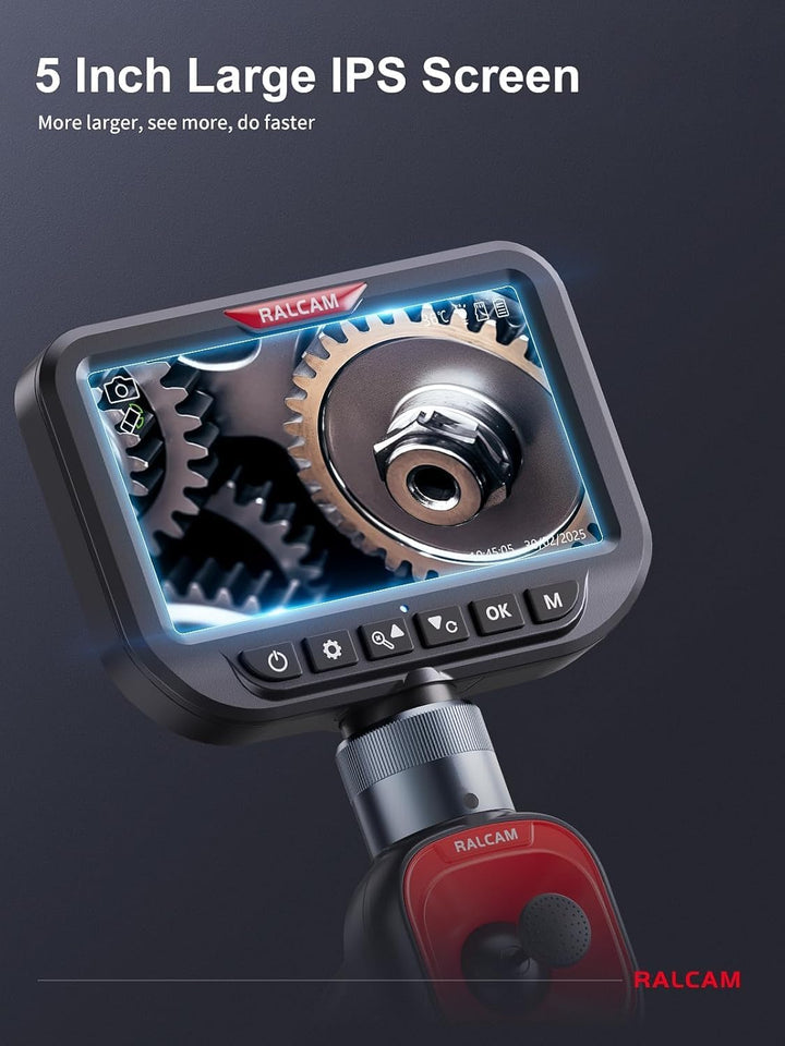 Ralcam Endoskopkamera mit Licht, Endoscope Camera mit 360° beweglichem Kopf, 6,5mm Dual-Sonde, 5" HD