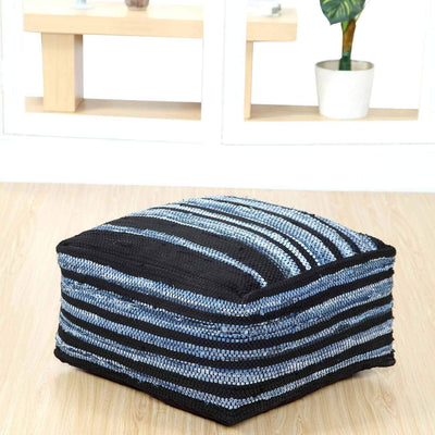 Homescapes handgewobener Sitzpouf - Sitzkissen in Blau, Streifen Flicken, Jeans/Jeans und Leder, Tex