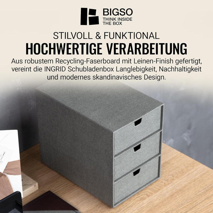 BIGSO BOX OF SWEDEN INGRID Schubladenbox für Dokumente und Bürobedarf – Schreibtisch Organizer mit 3