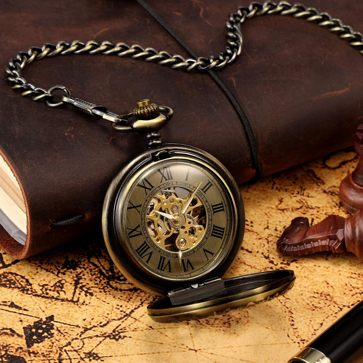 TREEWETO Mechanische Skelett-Taschenuhr für Herren und Damen, Bronze-Ausrüstung, hohles Gehäuse, Ste