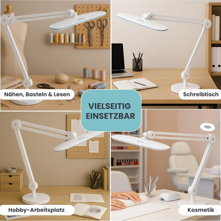 SEMPLIX LED Arbeits-Lampe Weiss: (117 PCS LED, 4fach dimmbar) Mit Tischstandfuss und -Klemme, höhenv