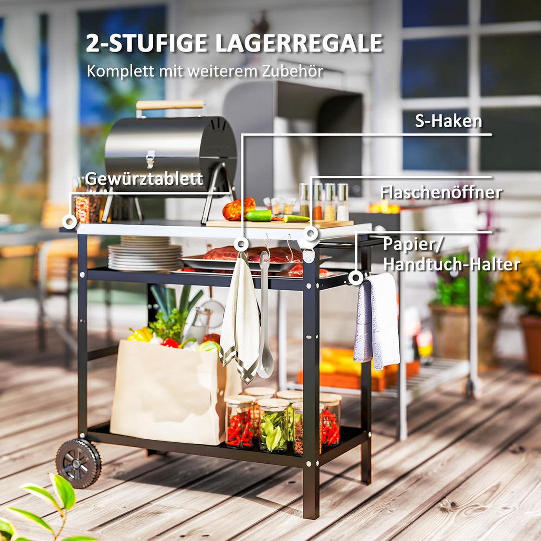 Outsunny Grillwagen 3-Etagen Servierwagen mit Arbeitsfläche Griffe Hülle Räder, höhenverstellbar BBQ