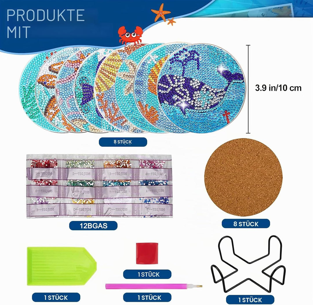 Diamond Painting Untersetzer 8er Set DIY Basteln Erwachsene mit Halter, 5D Diamond Painting Meer Tas