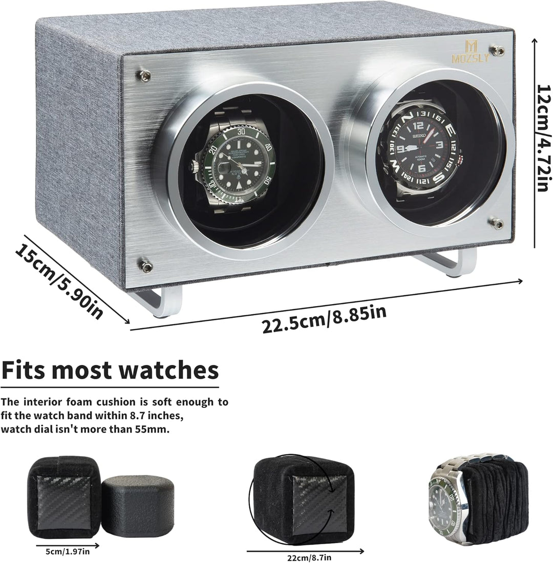 MOZSLY Doppel Uhrenbeweger für Automatikuhren mit leisem Motor Grau Hanf Baumwoll Gewebe, Grau