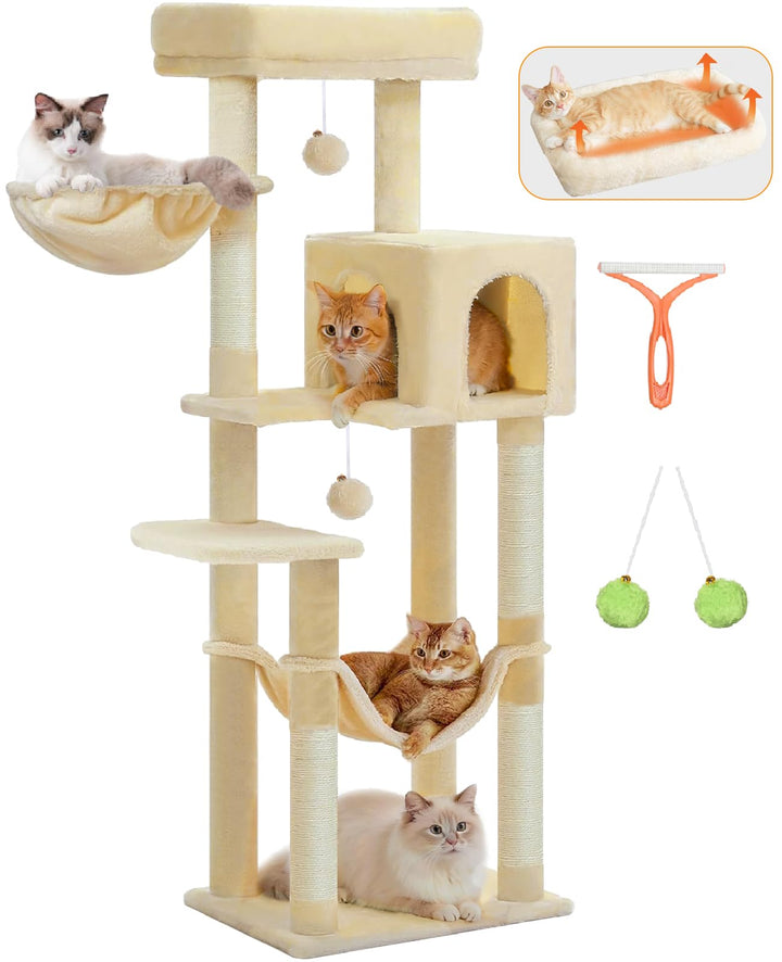 Kratzbaum Gross, XXL Katzenbaum Holz, 148cm Hoch mit Grosse Plattformen, Kratzsäulen, Höhle, Korb, P