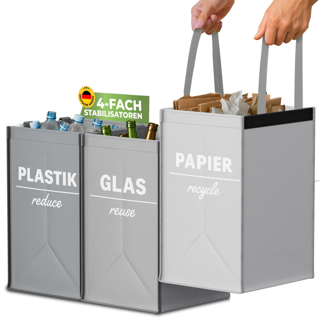 COTTARA® Mülltrennsystem 3 fach Plastik, Glas, Papier | Starker Stand durch 4 x Stabilisatoren | Per