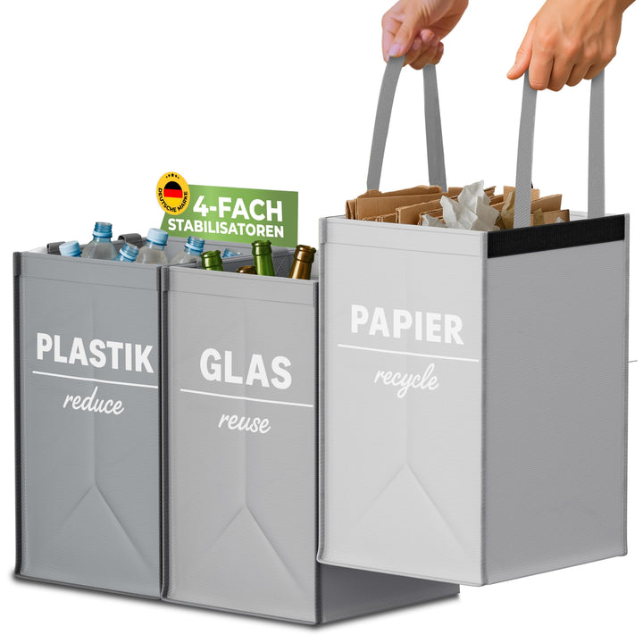 COTTARA® Mülltrennsystem 3 fach Plastik, Glas, Papier | Starker Stand durch 4 x Stabilisatoren | Per
