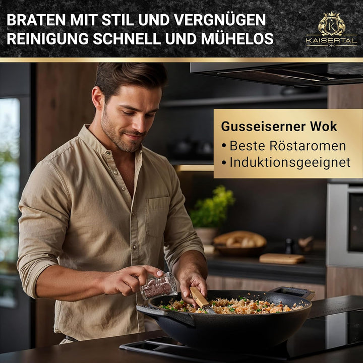KAISERTAL® Gusseisen Wokpfanne Induktion | 32cm Ø Wokpfanne ohne Deckel | Wok mit Flachboden | Vorei