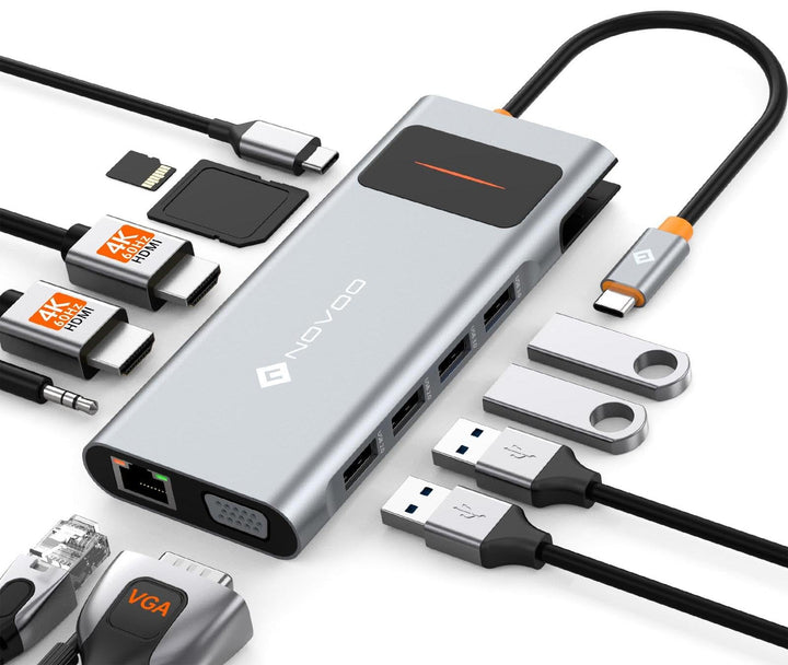Docking Station USB C Triple Display, NOVOO 12 in 1 USB-C-Hub mit 2 HDMI, VGA, Ethernet, SD/TF-Karte