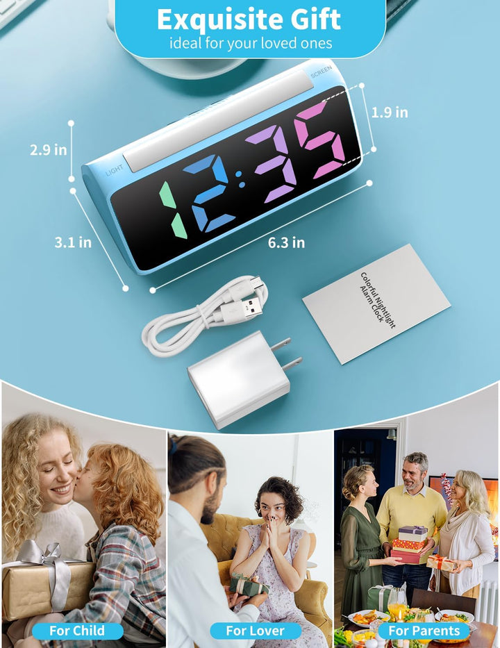 Wecker Digital, Digitaler Wecker Kinder mit Licht, Bunter LED Anzeige, 0-100% Helligkeitsdimmer, 2 A