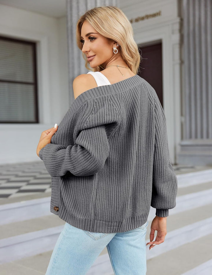 Hotouch Strickjacke Damen Kurz Strick Cardigan V-Ausschnitt Knopfleiste Open Front Sweater Elegant C
