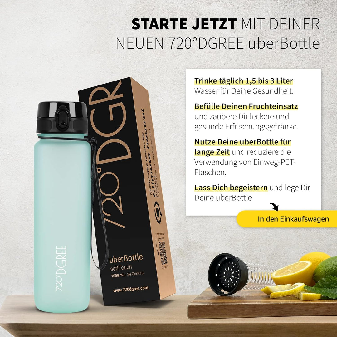 720°DGREE Trinkflasche “uberBottle“ 350ml, 500ml, 650ml, 1l, 1,5 Liter softTouch +Früchtebehälter -