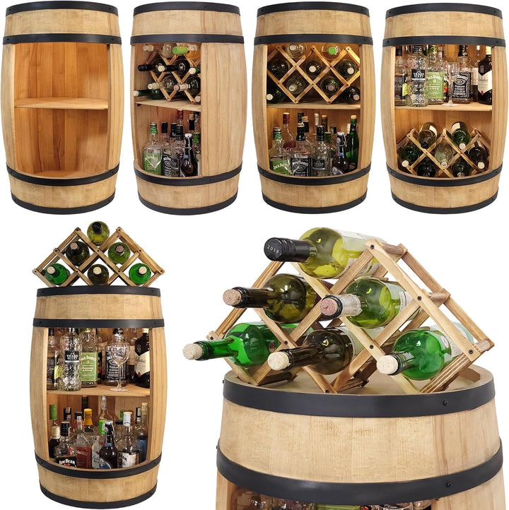 weeco Fassbar mit Weinhalter und LED Beleuchtung - Holzfass Hausbar 80cm. Rustikaler deko Barschrank
