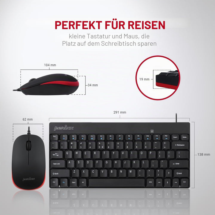 Perixx PERIDUO-212 Kabelgebundene Mini-Tastatur und Maus Set, USB Anschluss, Schwarz, US Englisch La