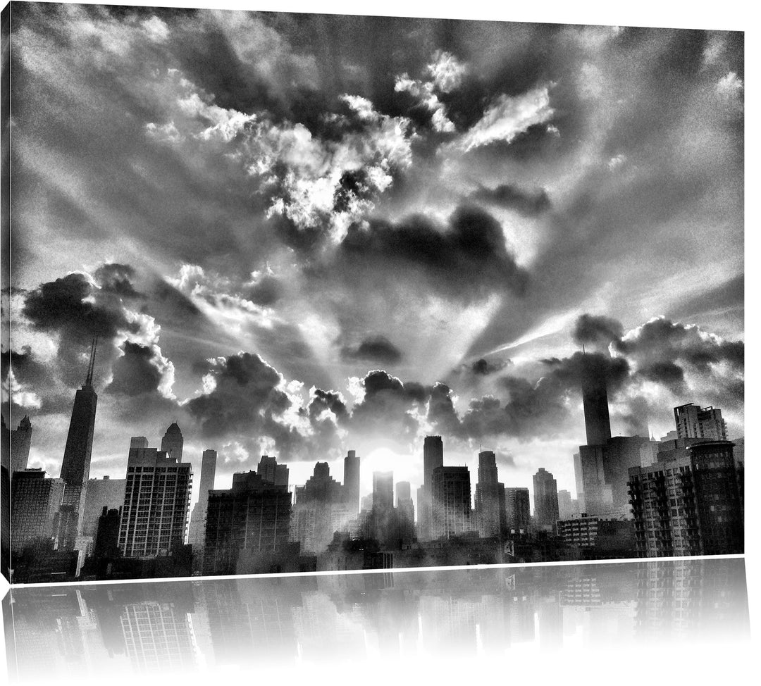 Pixxprint Monocrome, Chicago Skyline im Sonnenaufgang, Format: 100x70 auf Leinwand, 100x70