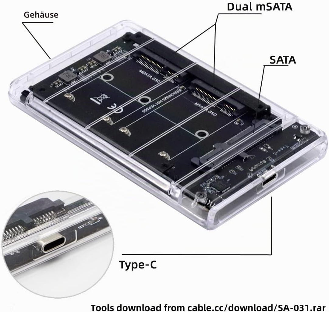 NFHK Dual MSATA Mini-SATA SSD Karte JOBD Raid0 Span-Bridge auf USB 3.0 Type-C USB-C 2,5 Zoll SATA Co