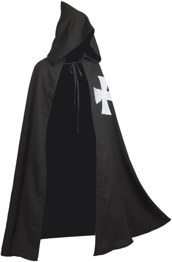 BLESSUME Mittelalter Ritter Kostüm Hospitaller Karneval LARP Cospaly, Schwarz Cloak mit Weisses Kreu