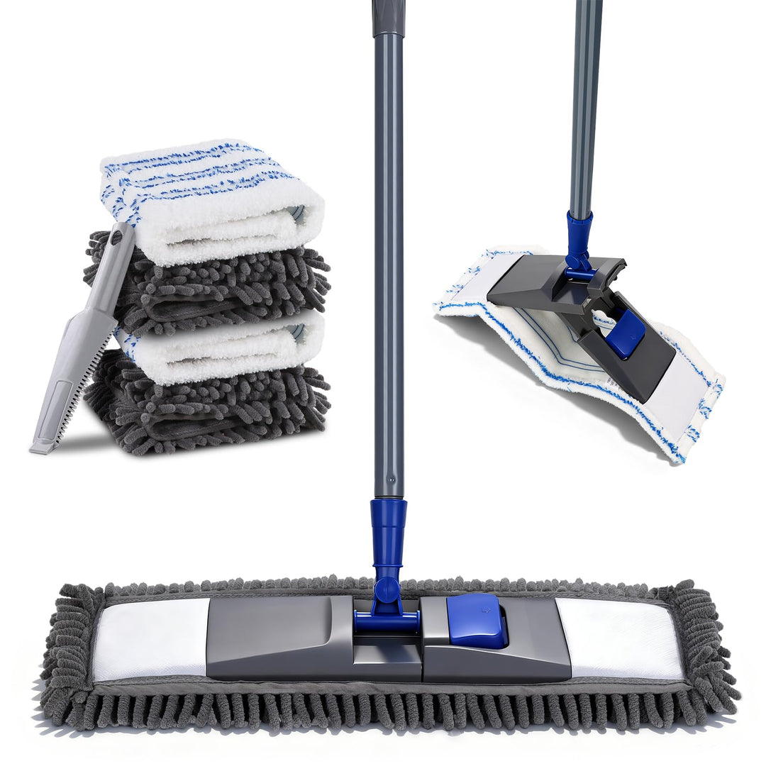 Masthome Flach Bodenwischer Set,128 cm Chenille Flach Wischmopp mit 4 Wischpads,Wischer Set für Schn
