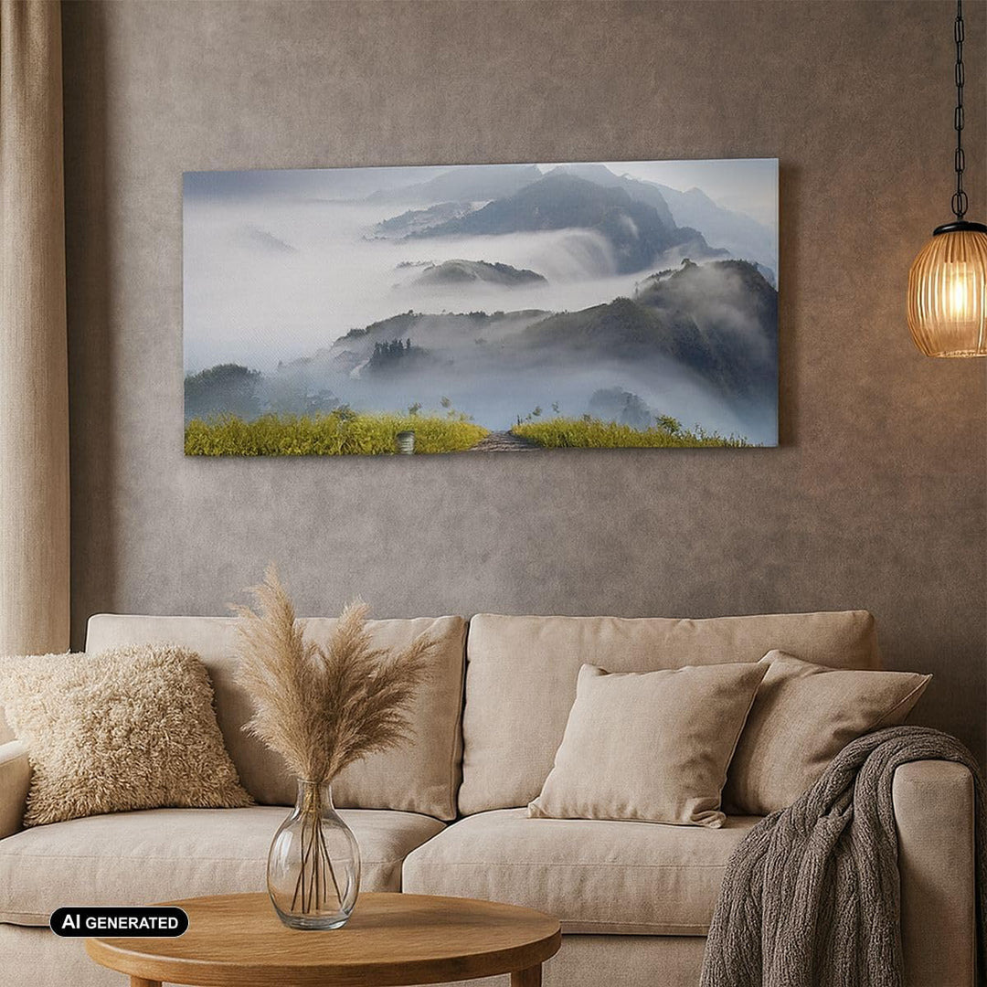 Wandbilder Dekoration Wohnzimmer Berg Nebel Landschaft Morgen Panorama Bilder auf Leinwand 120x50cm