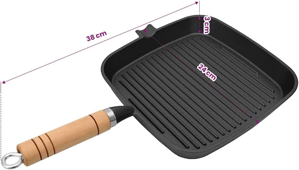 vidaXL Pfanne Grillpfanne Gusseisen Steakpfanne 20x20 cm Grill Pan 20x20cm with Wooden Handle, Grill
