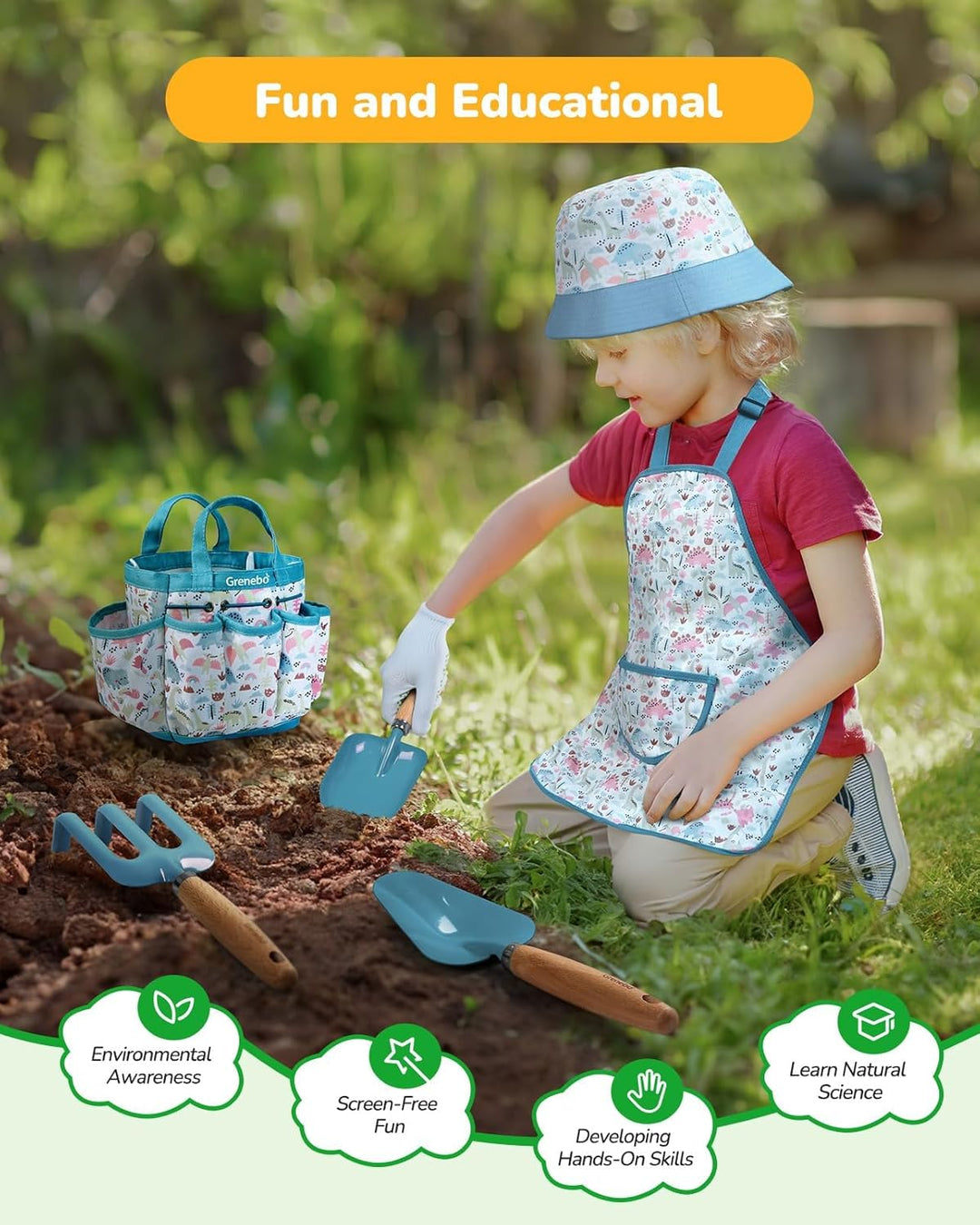 Grenebo-Gartenspielzeug für Kinder, inklusive Metallkelle, Pflanzschaufel, Gartenhut, Rechen, Schürz