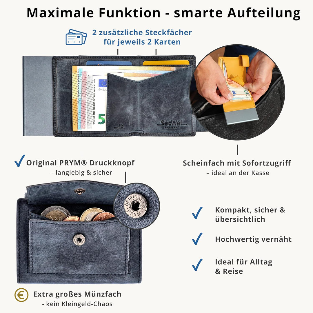 SecWal Kartenetui mit Münzfach Druckknopf inkl. Geschenkbox - Made in Germany - Echtleder Mini Geldb