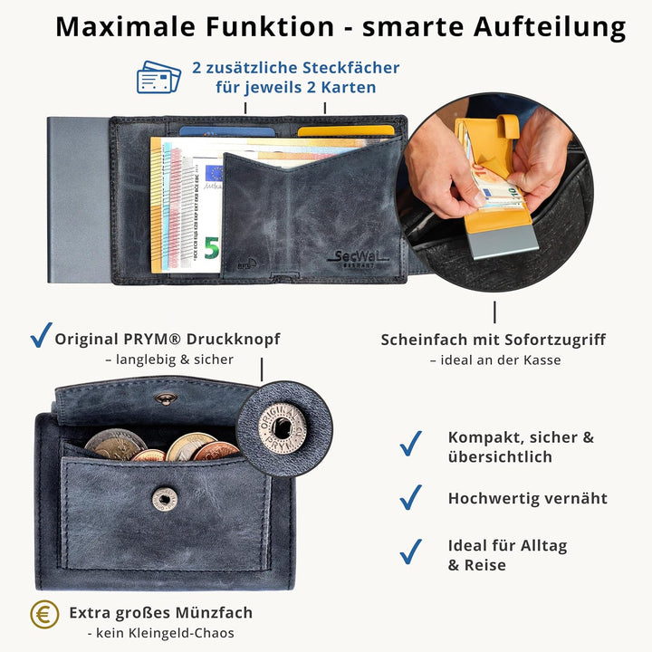 SecWal Kartenetui mit Münzfach Druckknopf inkl. Geschenkbox - Made in Germany - Echtleder Mini Geldb