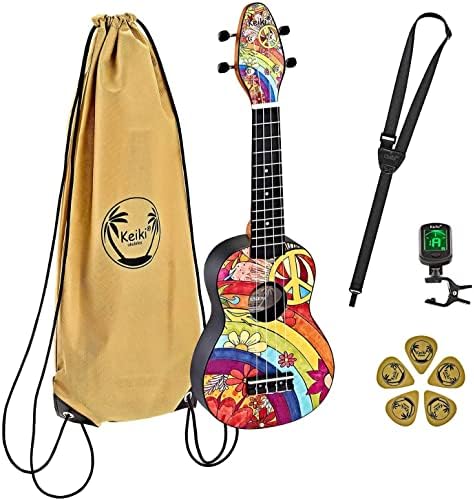 Ortega Guitars Sopran Ukulele bunt - Keiki K2 - Starterkit inklusive Tuner, Gurt, 5 Medium Plektren