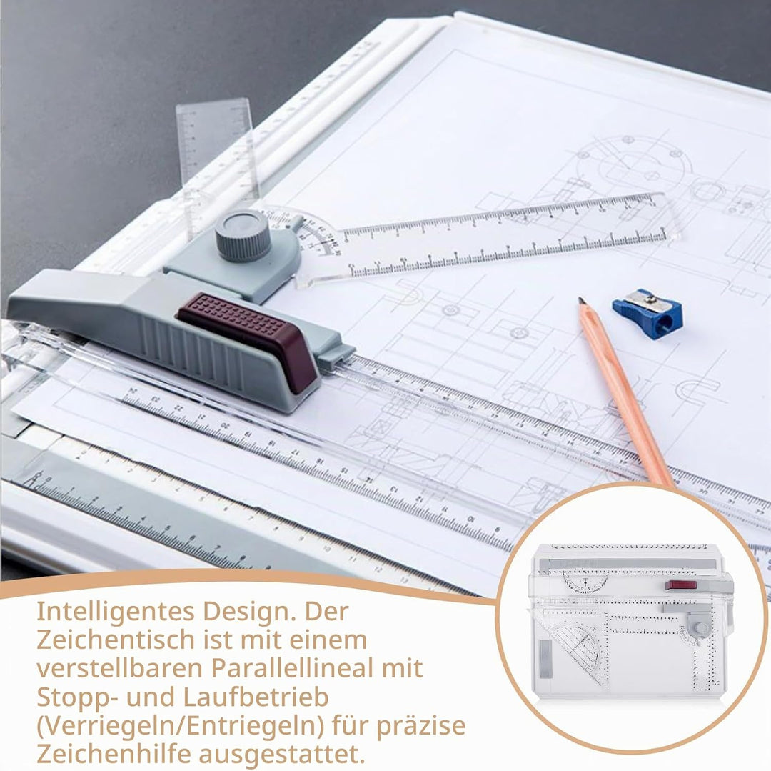 Zeichenbrett A4, DIN Zeichentisch mit Schiebelineal, Multifunktionaler Zeichenplatte Paralleler Bewe