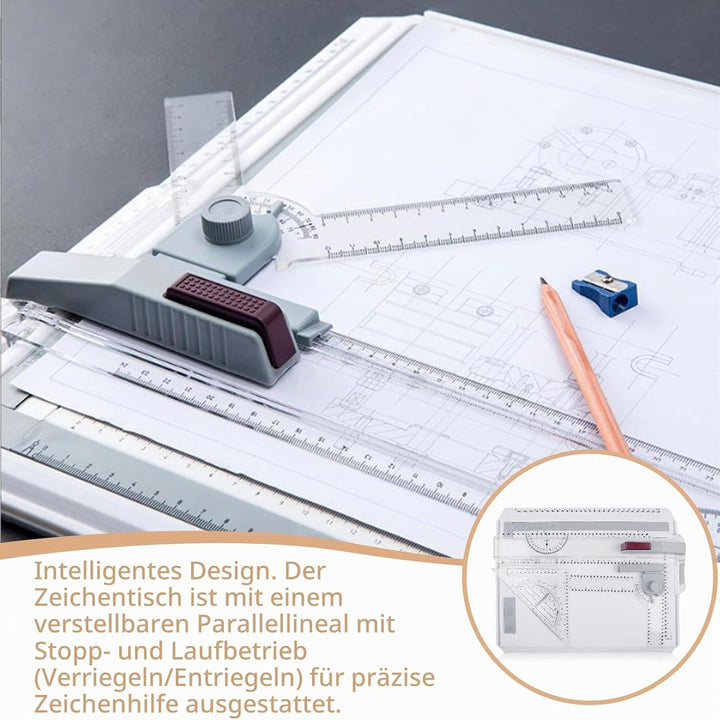 Zeichenbrett A4, DIN Zeichentisch mit Schiebelineal, Multifunktionaler Zeichenplatte Paralleler Bewe