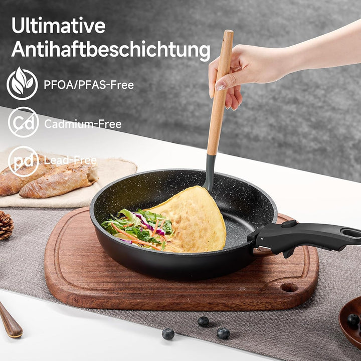 JEETEE Topf und Pfannensets mit abnehmbarem Griff 17-Teilig, Antihaft Pfanneset, Topfset Induktion,