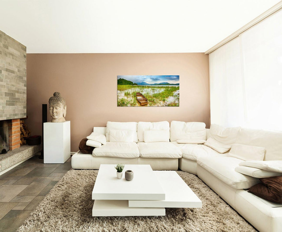 120x60cm - Fotodruck auf Leinwand und Rahmen Landschaft See Boot Berge Himmel - Leinwandbild auf Kei