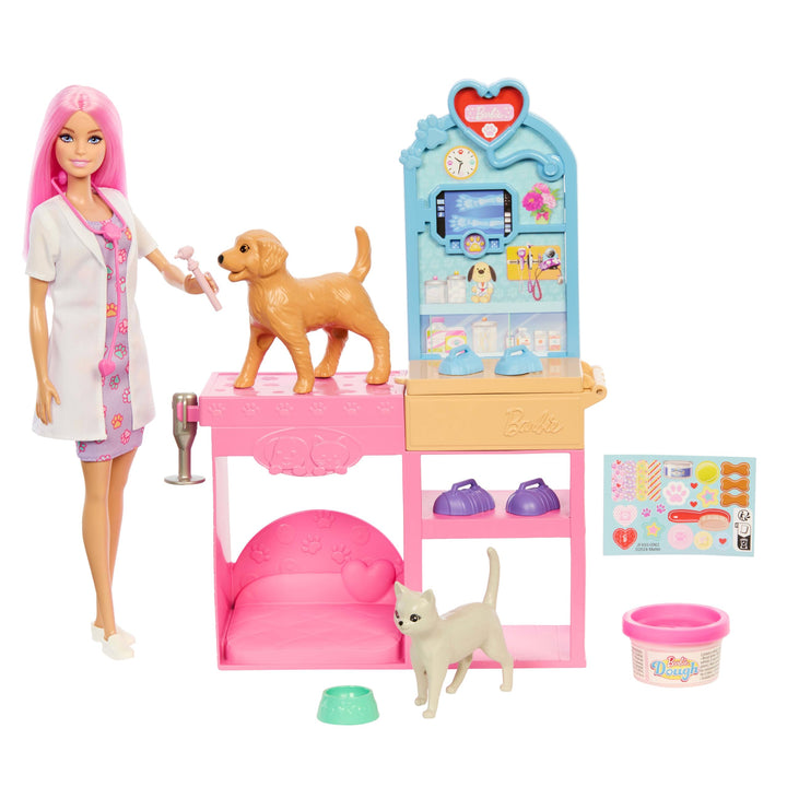 Barbie Gute Besserung“ Tierkrankenstation-Spielset aus Modepuppe mit rosa gefärbten Haaren, Tierarzt