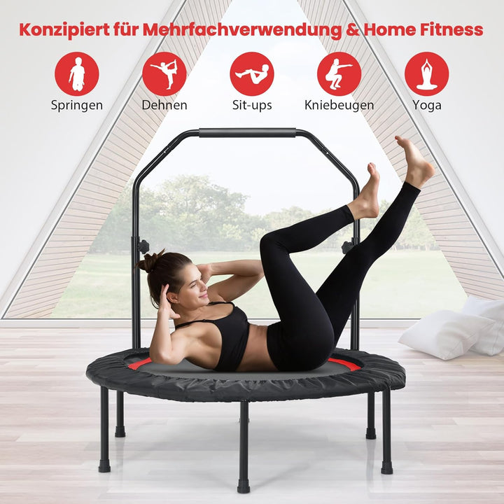 GOPLUS Fitnesstrampolin Indoor, φ101cm Mini Trampolin mit verstellbarem Griff, Bodentrampolin klappb