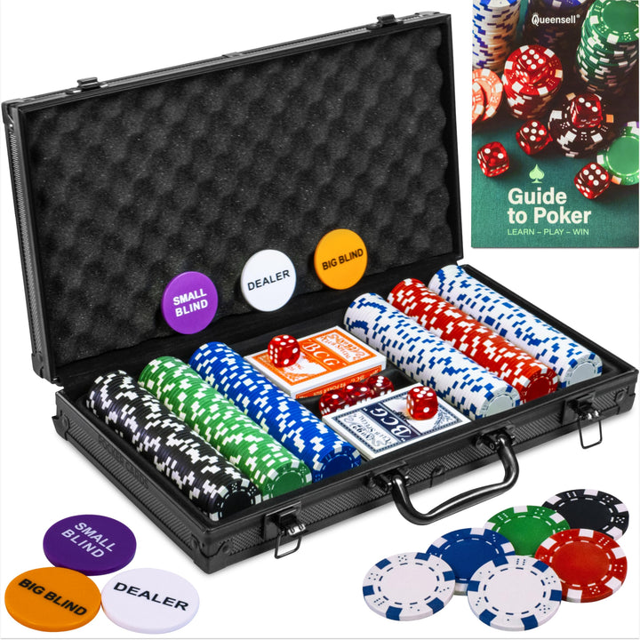 Queensell Pokerkoffer mit 300 Poker Chips für Texas Holdem – Profi Poker Set mit Aluminium Koffer, P