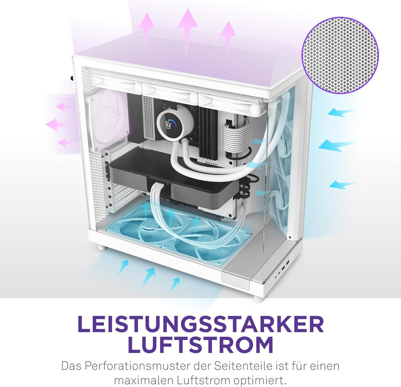 NZXT H6 Flow | CC-H61FW-01 | Kompaktes Mid-Tower Gehäuse mit zwei Kammern | Glaspaneele mit Panorama