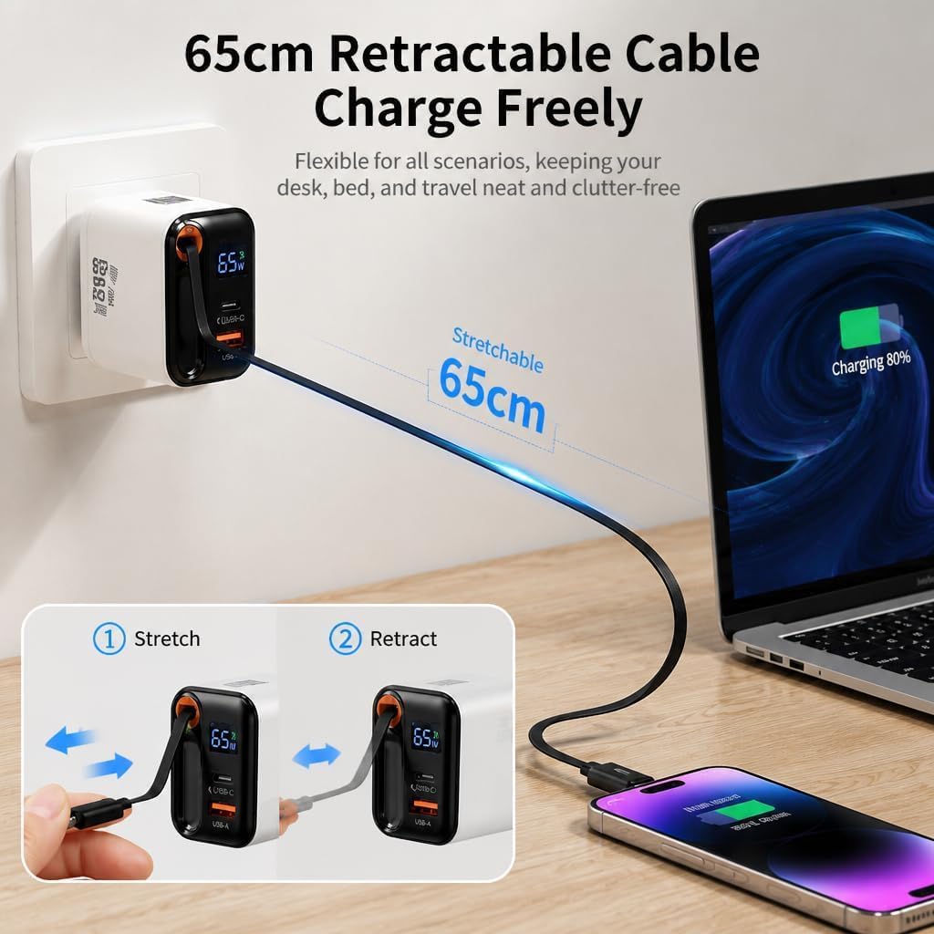 65W GaN Schnell Ladegerät mit 65cm einziehbarem Kabel, LED-Anzeige &amp;3‑Port