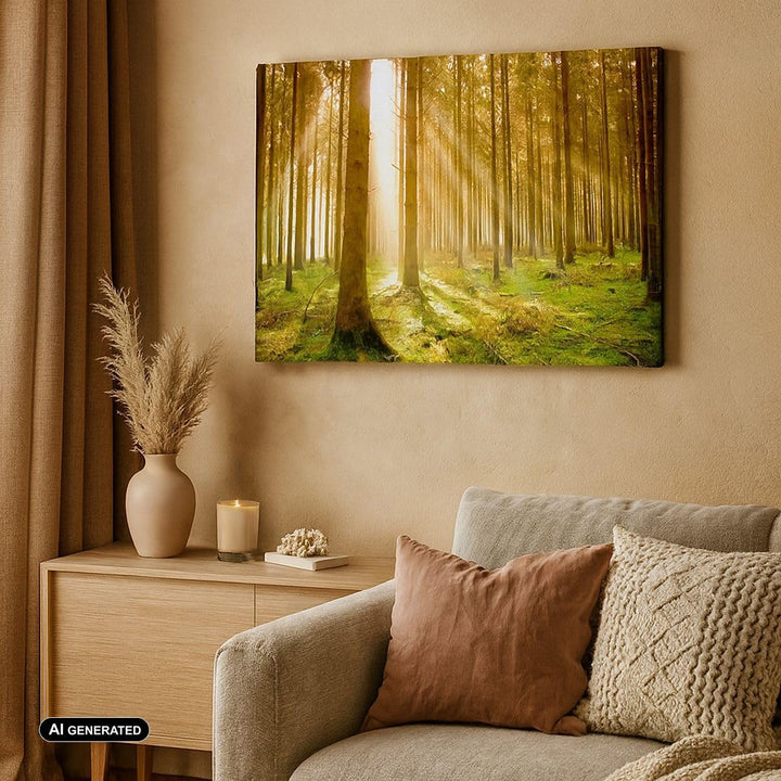 Bilder auf Leinwand 100x70cm Leinwandbild mit Rahmen Bäume Sonne Natur Gross Wanddeko Bild Schlafzim