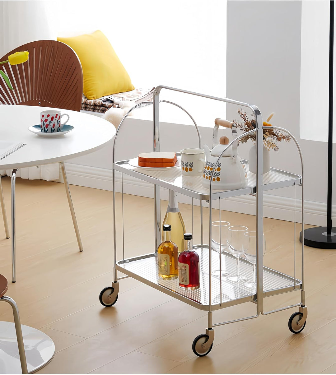 GLIESE Servierwagen Klappbar Mit Rädern,2 Tier Clear Tempered Glass,Mobiler Aufbewahrungs-Klappwagen