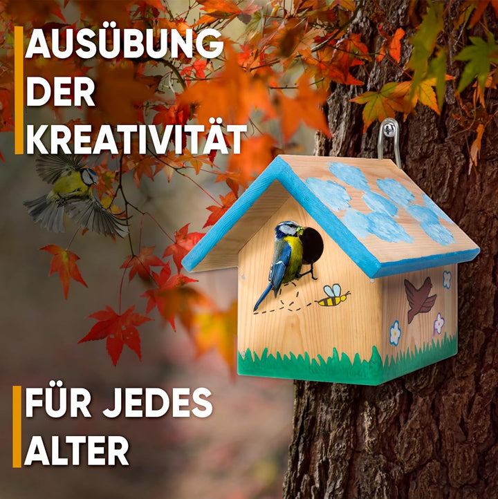 Mice&Co DIY Vogelhaus - Holzvogelhaus zum Bemalen, Nistkasten Bausatz, Montagekit mit Farben, Aussen