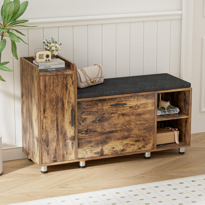Schuhbank mit Sitzfläche, Klappfach mit Verstellbarer Trennwand, Höhenverstellbar, Schuhschrank mit