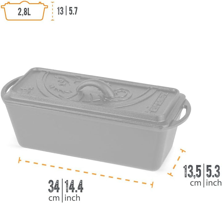 Petromax Gusseisen Kastenform ideal für Outdoor-Abenteuer, Deckel als Pfanne nutzbar 2,4 l Fassungsv