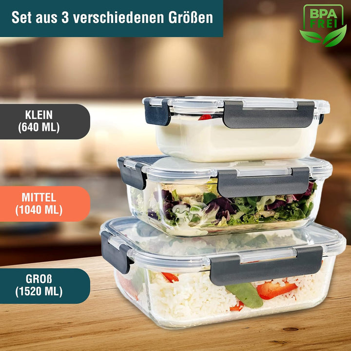 GLASWERK Meal Prep Boxen 3 Stück (640,1040, 1520 ml), Glasbehälter mit Deckel, Frischhaltedosen mit