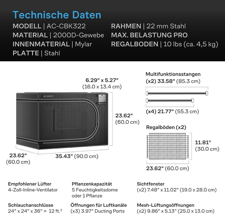 AC Infinity CLOUDLAB Propagation Zelt 60 × 60 × 90 cm – Advance Anzuchtzelt mit Verstärkungsstangen,