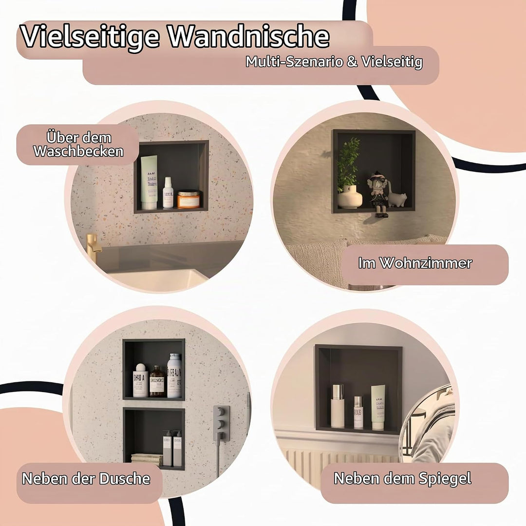 Wandmontierter Duschschrank Schwarz 30x30x10 cm Edelstahl-Duschablage mit unterputziger Basis, geeig