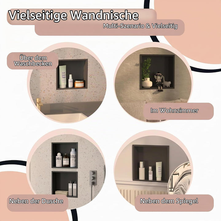 Wandmontierter Duschschrank Schwarz 30x30x10 cm Edelstahl-Duschablage mit unterputziger Basis, geeig