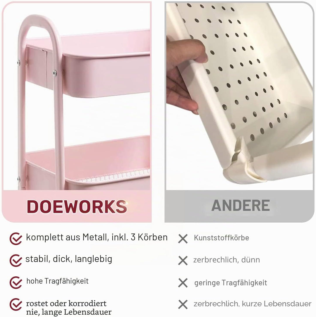 DOEWORKS Aufbewahrungswagen 3-Etagen Metall Utility Cart Rollwagen Organizer Wagen mit Rädern für Kü